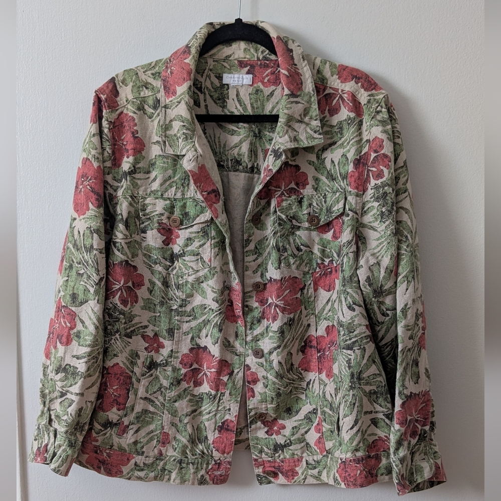 Charter Club Green and Red 100% Linen Jacket with Floral& Leafs Design Size XL